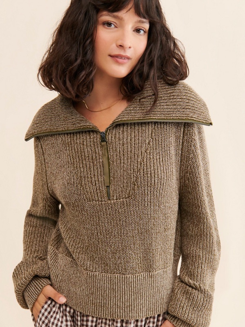 NWOT Varley Mentone Sweater Light Brown Moss 100% Cotton Half Zip Medium